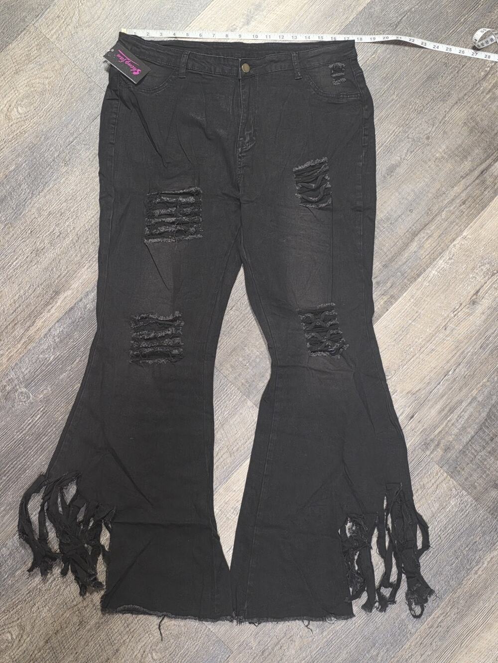 Sheng Fan Womens 2XL Black Distressed Flare Pants Stretch Bell Bottom NWT - Picture 1 of 6